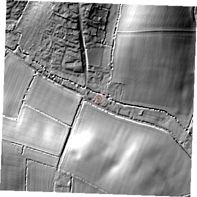 Shaded relief map of the ground around CO108DN, computed from Environment Agency LiDAR. The ground here sits at about 73 m above sea level and falls 29 m across the surrounding 800 m. Surface water reaching this point runs off ground lying to the north-north-east, 20.1 m higher.
