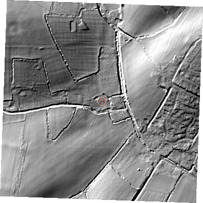 Shaded relief map of the ground around CO108DY, computed from Environment Agency LiDAR. The ground here sits at about 78 m above sea level and falls 25 m across the surrounding 800 m. Surface water reaching this point runs off ground lying to the north-west, 17.1 m higher.