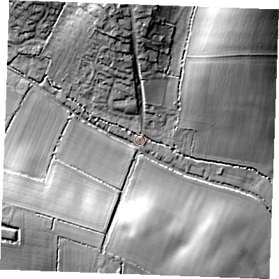Shaded relief map of the ground around CO108EA, computed from Environment Agency LiDAR. The ground here sits at about 74 m above sea level and falls 28 m across the surrounding 800 m. Surface water reaching this point runs off ground lying to the west-south-west, 24.8 m higher.