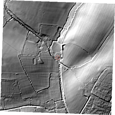 Shaded relief map of the ground around CO108EJ, computed from Environment Agency LiDAR. The ground here sits at about 81 m above sea level and falls 24 m across the surrounding 800 m. Surface water reaching this point runs off ground lying to the north-east, 20.8 m higher.