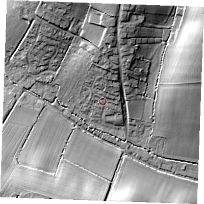 Shaded relief map of the ground around CO108HA, computed from Environment Agency LiDAR. The ground here sits at about 79 m above sea level and falls 27 m across the surrounding 800 m. Surface water reaching this point runs off ground lying to the north, 6.4 m higher.