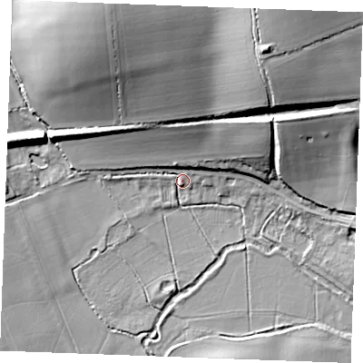 Shaded relief map of the ground around CO108HS, computed from Environment Agency LiDAR. The ground here sits at about 50 m above sea level and falls 28 m across the surrounding 800 m. Surface water reaching this point runs off ground lying to the north-north-west, 26.4 m higher.