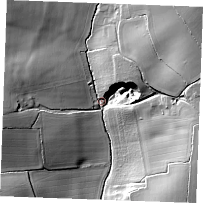 Shaded relief map of the ground around CO108HU, computed from Environment Agency LiDAR. The ground here sits at about 64 m above sea level and falls 33 m across the surrounding 800 m. Surface water reaching this point runs off ground lying to the north-east, 26.8 m higher.