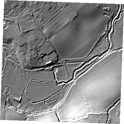 Shaded relief map of the ground around CO108JD, computed from Environment Agency LiDAR. The ground here sits at about 48 m above sea level and falls 23 m across the surrounding 800 m. Surface water reaching this point runs off ground lying to the north-west, 8.6 m higher.