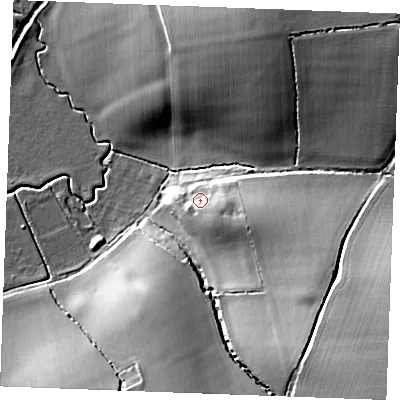 Shaded relief map of the ground around CO108JQ, computed from Environment Agency LiDAR. The ground here sits at about 53 m above sea level and falls 26 m across the surrounding 800 m. Surface water reaching this point runs off ground lying to the south-east, 5.8 m higher.
