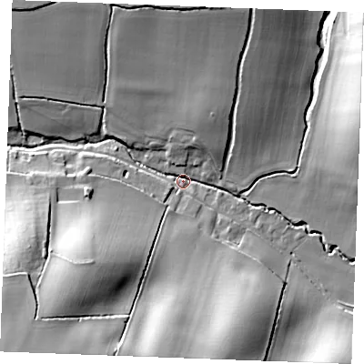 Shaded relief map of the ground around CO108QS, computed from Environment Agency LiDAR. The ground here sits at about 55 m above sea level and falls 34 m across the surrounding 800 m. Surface water reaching this point runs off ground lying to the south-west, 32.6 m higher.