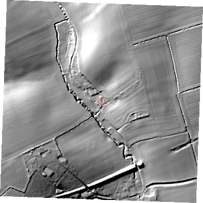 Shaded relief map of the ground around CO108TA, computed from Environment Agency LiDAR. The ground here sits at about 60 m above sea level and falls 32 m across the surrounding 800 m. Surface water reaching this point runs off ground lying to the north-north-east, 22.5 m higher.