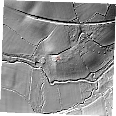 Shaded relief map of the ground around CO108UD, computed from Environment Agency LiDAR. The ground here sits at about 57 m above sea level and falls 22 m across the surrounding 800 m. Surface water reaching this point runs off ground lying to the north-north-east, 8.2 m higher.