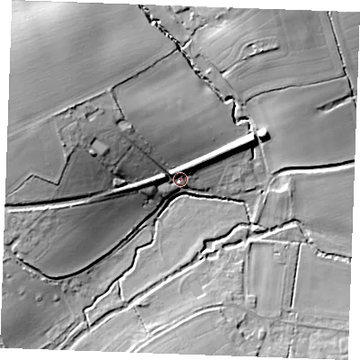 Shaded relief map of the ground around CO108UE, computed from Environment Agency LiDAR. The ground here sits at about 55 m above sea level and falls 28 m across the surrounding 800 m. Surface water reaching this point runs off ground lying to the west-north-west, 20.4 m higher.