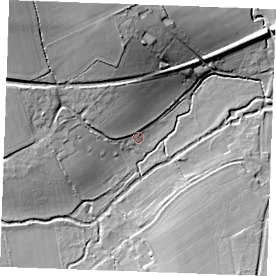 Shaded relief map of the ground around CO108UF, computed from Environment Agency LiDAR. The ground here sits at about 52 m above sea level and falls 26 m across the surrounding 800 m. Surface water reaching this point runs off ground lying to the north-north-west, 8.4 m higher.