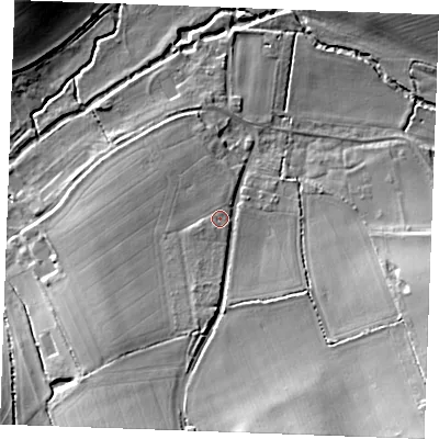 Shaded relief map of the ground around CO94AB, computed from Environment Agency LiDAR. The ground here sits at about 55 m above sea level and falls 22 m across the surrounding 800 m. Surface water reaching this point runs off ground lying to the south-south-west, 9.4 m higher.