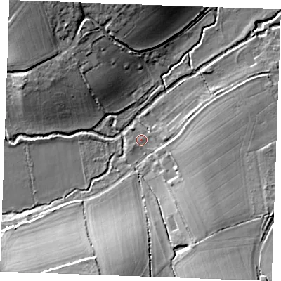 Shaded relief map of the ground around CO94AH, computed from Environment Agency LiDAR. The ground here sits at about 51 m above sea level and falls 17 m across the surrounding 800 m. Surface water reaching this point runs off ground lying to the east-south-east, 6.3 m higher.