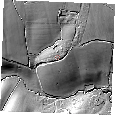 Shaded relief map of the ground around CO94EA, computed from Environment Agency LiDAR. The ground here sits at about 75 m above sea level and falls 31 m across the surrounding 800 m. Surface water reaching this point runs off ground lying to the north-north-east, 12.1 m higher.