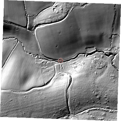 Shaded relief map of the ground around CO94EB, computed from Environment Agency LiDAR. The ground here sits at about 59 m above sea level and falls 27 m across the surrounding 800 m. Surface water reaching this point runs off ground lying to the south-west, 25.2 m higher.