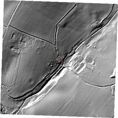 Shaded relief map of the ground around CO94JN, computed from Environment Agency LiDAR. The ground here sits at about 64 m above sea level and falls 24 m across the surrounding 800 m. Surface water reaching this point runs off ground lying to the west-north-west, 5.8 m higher.