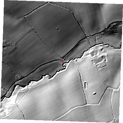 Shaded relief map of the ground around CO94LX, computed from Environment Agency LiDAR. The ground here sits at about 65 m above sea level and falls 27 m across the surrounding 800 m. Surface water reaching this point runs off ground lying to the south-south-east, 22.2 m higher.