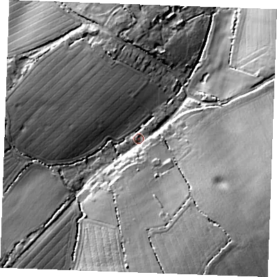Shaded relief map of the ground around CO94NE, computed from Environment Agency LiDAR. The ground here sits at about 78 m above sea level and falls 18 m across the surrounding 800 m. Surface water reaching this point runs off ground lying to the south, 11.7 m higher.