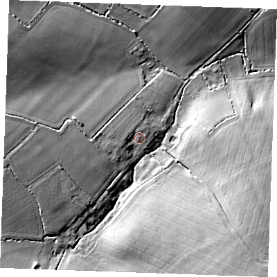 Shaded relief map of the ground around CO94PD, computed from Environment Agency LiDAR. The ground here sits at about 91 m above sea level and falls 18 m across the surrounding 800 m. Surface water reaching this point runs off ground lying to the west, 7.4 m higher.
