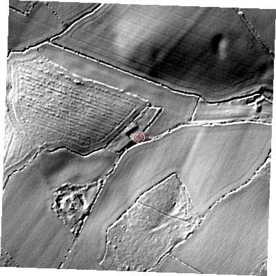 Shaded relief map of the ground around CO94PJ, computed from Environment Agency LiDAR. The ground here sits at about 76 m above sea level and falls 24 m across the surrounding 800 m. Surface water reaching this point runs off ground lying to the south-west, 17.6 m higher.
