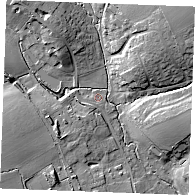 Shaded relief map of the ground around CO94PR, computed from Environment Agency LiDAR. The ground here sits at about 50 m above sea level and falls 24 m across the surrounding 800 m. Surface water reaching this point runs off ground lying to the west-south-west, 4.3 m higher.