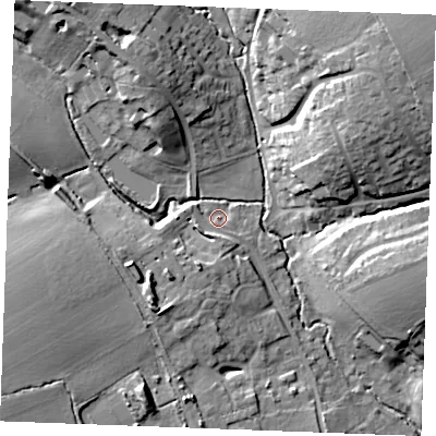 Shaded relief map of the ground around CO94PS, computed from Environment Agency LiDAR. The ground here sits at about 51 m above sea level and falls 24 m across the surrounding 800 m. Surface water reaching this point runs off ground lying to the south-west, 4.6 m higher.