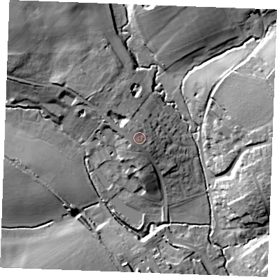 Shaded relief map of the ground around CO94PT, computed from Environment Agency LiDAR. The ground here sits at about 62 m above sea level and falls 21 m across the surrounding 800 m. Surface water reaching this point runs off ground lying to the north-north-west, 1.2 m higher.