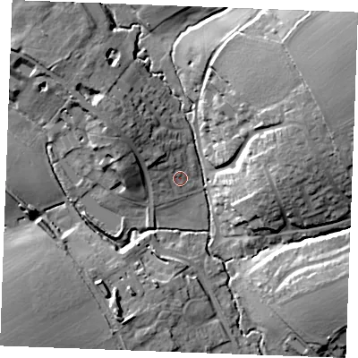 Shaded relief map of the ground around CO94PX, computed from Environment Agency LiDAR. The ground here sits at about 52 m above sea level and falls 23 m across the surrounding 800 m. Surface water reaching this point runs off ground lying to the north-west, 5.1 m higher.