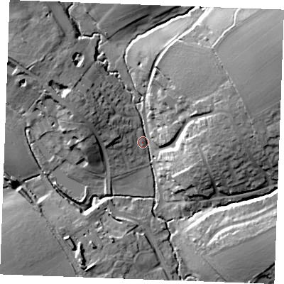 Shaded relief map of the ground around CO94PY, computed from Environment Agency LiDAR. The ground here sits at about 51 m above sea level and falls 24 m across the surrounding 800 m. Surface water reaching this point runs off ground lying to the east-north-east, 22.5 m higher.