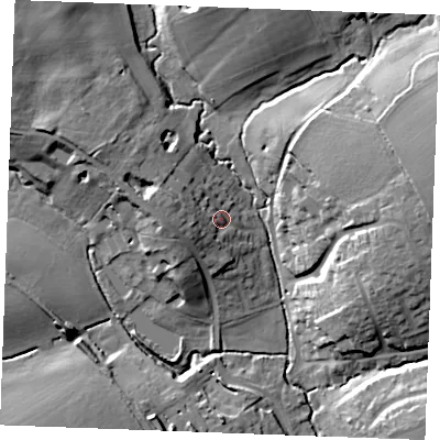 Shaded relief map of the ground around CO94QE, computed from Environment Agency LiDAR. The ground here sits at about 56 m above sea level and falls 22 m across the surrounding 800 m. Surface water reaching this point runs off ground lying to the west-north-west, 8.7 m higher.