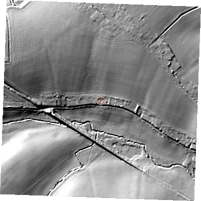 Shaded relief map of the ground around CO94RA, computed from Environment Agency LiDAR. The ground here sits at about 60 m above sea level and falls 21 m across the surrounding 800 m. Surface water reaching this point runs off ground lying to the north-north-east, 13.6 m higher.