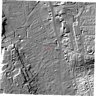 Shaded relief map of the ground around CR01AA, computed from Environment Agency LiDAR. The ground here sits at about 47 m above sea level and falls 22 m across the surrounding 800 m. Surface water reaching this point runs off ground lying to the east, 17.7 m higher.