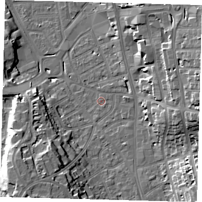 Shaded relief map of the ground around CR01AB, computed from Environment Agency LiDAR. The ground here sits at about 47 m above sea level and falls 21 m across the surrounding 800 m. Surface water reaching this point runs off ground lying to the east-north-east, 17.0 m higher.