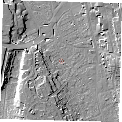 Shaded relief map of the ground around CR01AD, computed from Environment Agency LiDAR. The ground here sits at about 47 m above sea level and falls 22 m across the surrounding 800 m. Surface water reaching this point runs off ground lying to the west-south-west, 10.1 m higher.