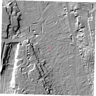 Shaded relief map of the ground around CR01AE, computed from Environment Agency LiDAR. The ground here sits at about 47 m above sea level and falls 22 m across the surrounding 800 m. Surface water reaching this point runs off ground lying to the south-west, 16.9 m higher.