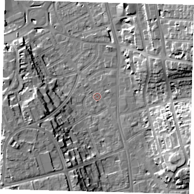 Shaded relief map of the ground around CR01AF, computed from Environment Agency LiDAR. The ground here sits at about 48 m above sea level and falls 24 m across the surrounding 800 m. Surface water reaching this point runs off ground lying to the west-south-west, 16.3 m higher.