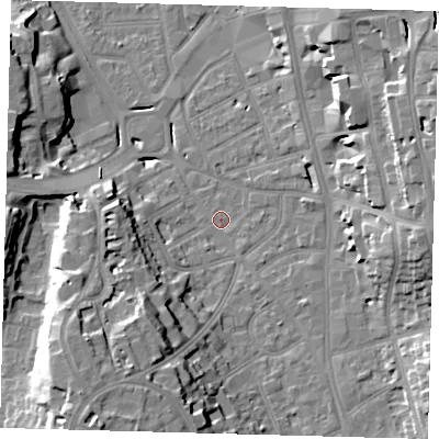 Shaded relief map of the ground around CR01AG, computed from Environment Agency LiDAR. The ground here sits at about 47 m above sea level and falls 22 m across the surrounding 800 m. Surface water reaching this point runs off ground lying to the south-west, 16.8 m higher.