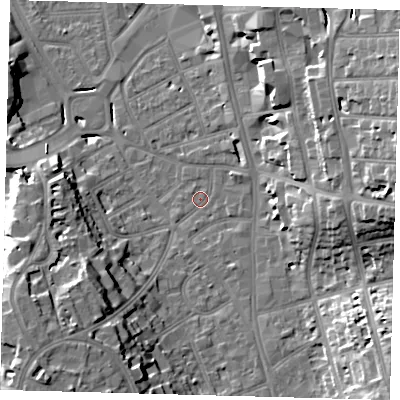 Shaded relief map of the ground around CR01AH, computed from Environment Agency LiDAR. The ground here sits at about 47 m above sea level and falls 22 m across the surrounding 800 m. Surface water reaching this point runs off ground lying to the east-north-east, 17.7 m higher.