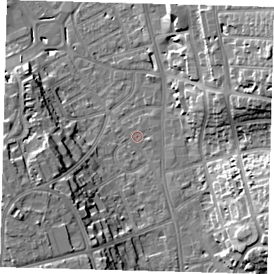Shaded relief map of the ground around CR01AJ, computed from Environment Agency LiDAR. The ground here sits at about 48 m above sea level and falls 24 m across the surrounding 800 m. Surface water reaching this point runs off ground lying to the west-south-west, 16.5 m higher.