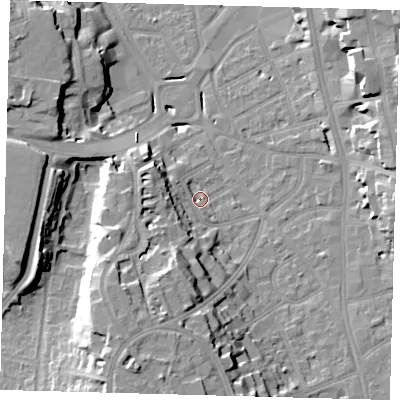 Shaded relief map of the ground around CR01AN, computed from Environment Agency LiDAR. The ground here sits at about 48 m above sea level and falls 22 m across the surrounding 800 m. Surface water reaching this point runs off ground lying to the south-west, 15.4 m higher.