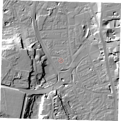 Shaded relief map of the ground around CR01AQ, computed from Environment Agency LiDAR. The ground here sits at about 45 m above sea level and falls 21 m across the surrounding 800 m. Surface water reaching this point runs off ground lying to the south-south-east, 1.3 m higher.