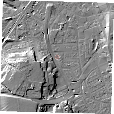 Shaded relief map of the ground around CR01AU, computed from Environment Agency LiDAR. The ground here sits at about 45 m above sea level and falls 22 m across the surrounding 800 m. Surface water reaching this point runs off ground lying to the south-west, 19.0 m higher.