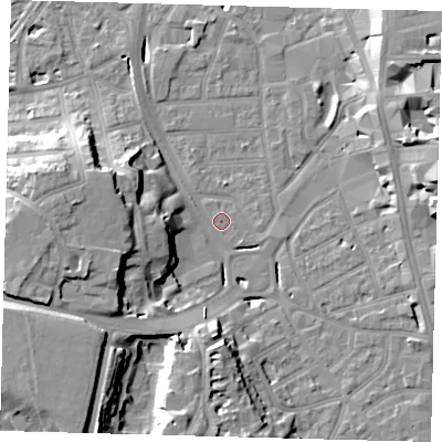 Shaded relief map of the ground around CR01AW, computed from Environment Agency LiDAR. The ground here sits at about 46 m above sea level and falls 21 m across the surrounding 800 m. Surface water reaching this point runs off ground lying to the south-west, 19.4 m higher.