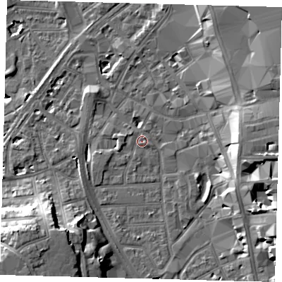 Shaded relief map of the ground around CR01AX, computed from Environment Agency LiDAR. The ground here sits at about 45 m above sea level and falls 21 m across the surrounding 800 m. Surface water reaching this point runs off ground lying to the south-west, 15.8 m higher.