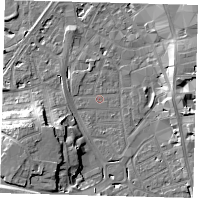 Shaded relief map of the ground around CR01AY, computed from Environment Agency LiDAR. The ground here sits at about 45 m above sea level and falls 22 m across the surrounding 800 m. Surface water reaching this point runs off ground lying to the south-west, 18.4 m higher.