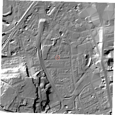 Shaded relief map of the ground around CR01AZ, computed from Environment Agency LiDAR. The ground here sits at about 45 m above sea level and falls 21 m across the surrounding 800 m. Surface water reaching this point runs off ground lying to the south-west, 17.8 m higher.