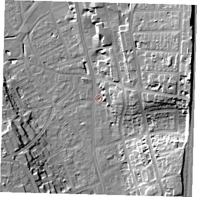 Shaded relief map of the ground around CR01BE, computed from Environment Agency LiDAR. The ground here sits at about 47 m above sea level and falls 30 m across the surrounding 800 m. Surface water reaching this point runs off ground lying to the east-north-east, 26.2 m higher.