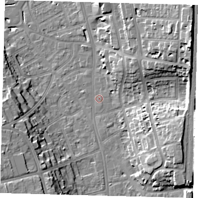 Shaded relief map of the ground around CR01BF, computed from Environment Agency LiDAR. The ground here sits at about 48 m above sea level and falls 30 m across the surrounding 800 m. Surface water reaching this point runs off ground lying to the east-north-east, 18.1 m higher.