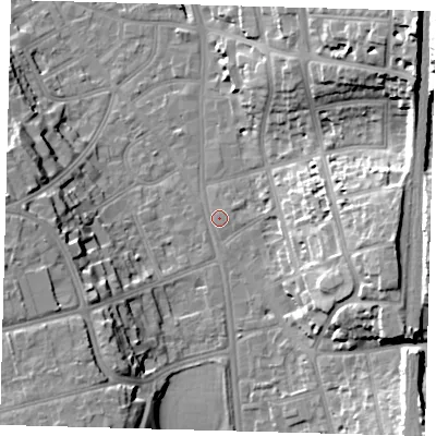Shaded relief map of the ground around CR01BG, computed from Environment Agency LiDAR. The ground here sits at about 49 m above sea level and falls 27 m across the surrounding 800 m. Surface water reaching this point runs off ground lying to the south-east, 16.1 m higher.