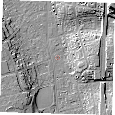 Shaded relief map of the ground around CR01BJ, computed from Environment Agency LiDAR. The ground here sits at about 49 m above sea level and falls 36 m across the surrounding 800 m. Surface water reaching this point runs off ground lying to the east, 18.7 m higher.