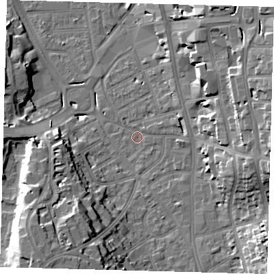 Shaded relief map of the ground around CR01BU, computed from Environment Agency LiDAR. The ground here sits at about 46 m above sea level and falls 21 m across the surrounding 800 m. Surface water reaching this point runs off ground lying to the east-north-east, 15.7 m higher.